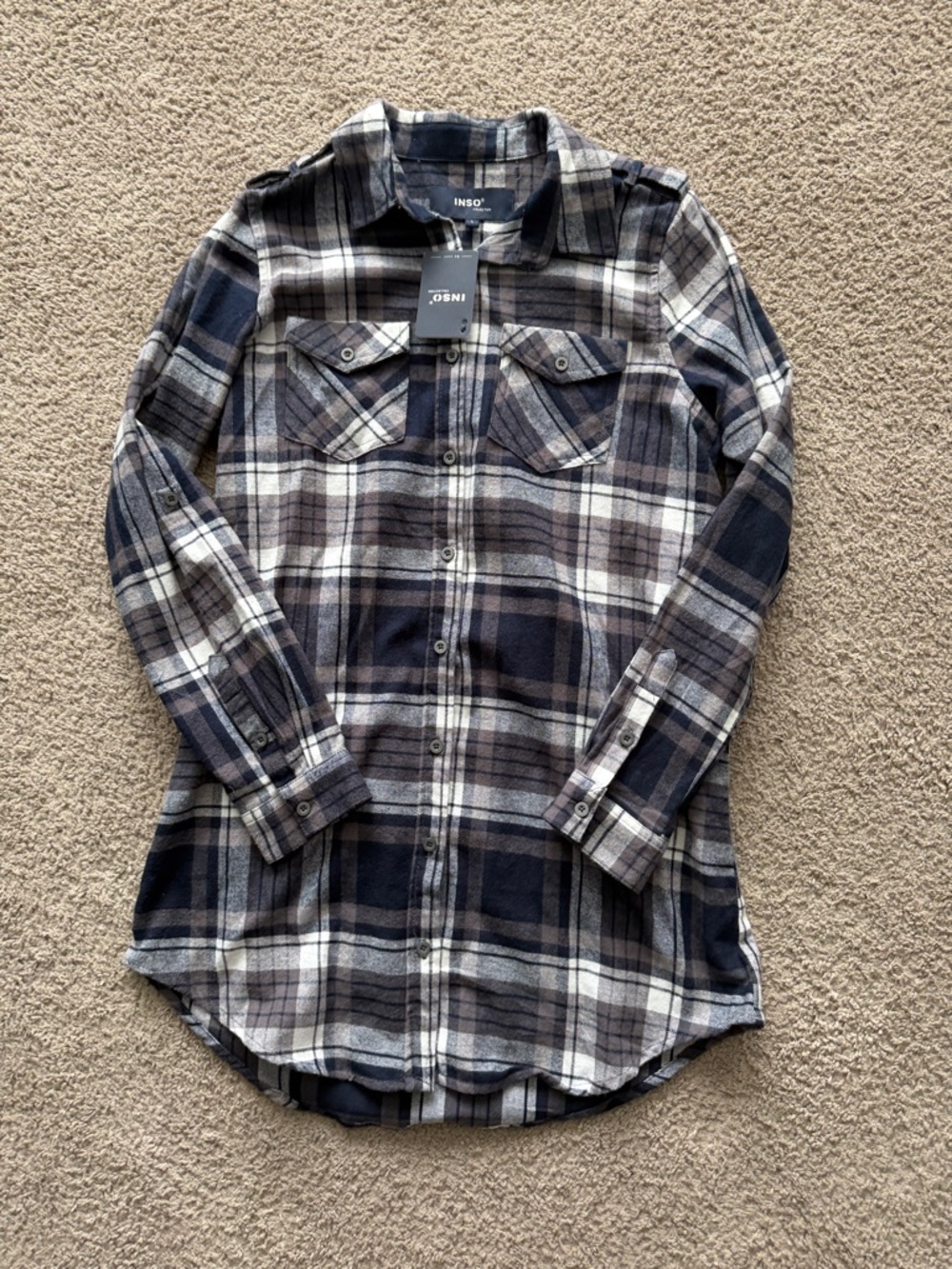 INSO Navy and Gray Plaid Button-Front Women’s long Shirt/Dress
